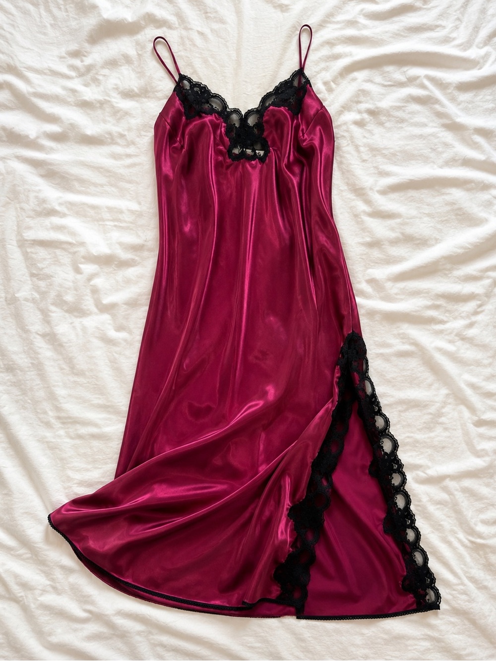 Silk-Feel Burgundy Lace Trim Slip Dress